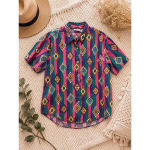Vintage 90s Neon Pattern Button Up Shirt Men's Small Aztec Southwestern